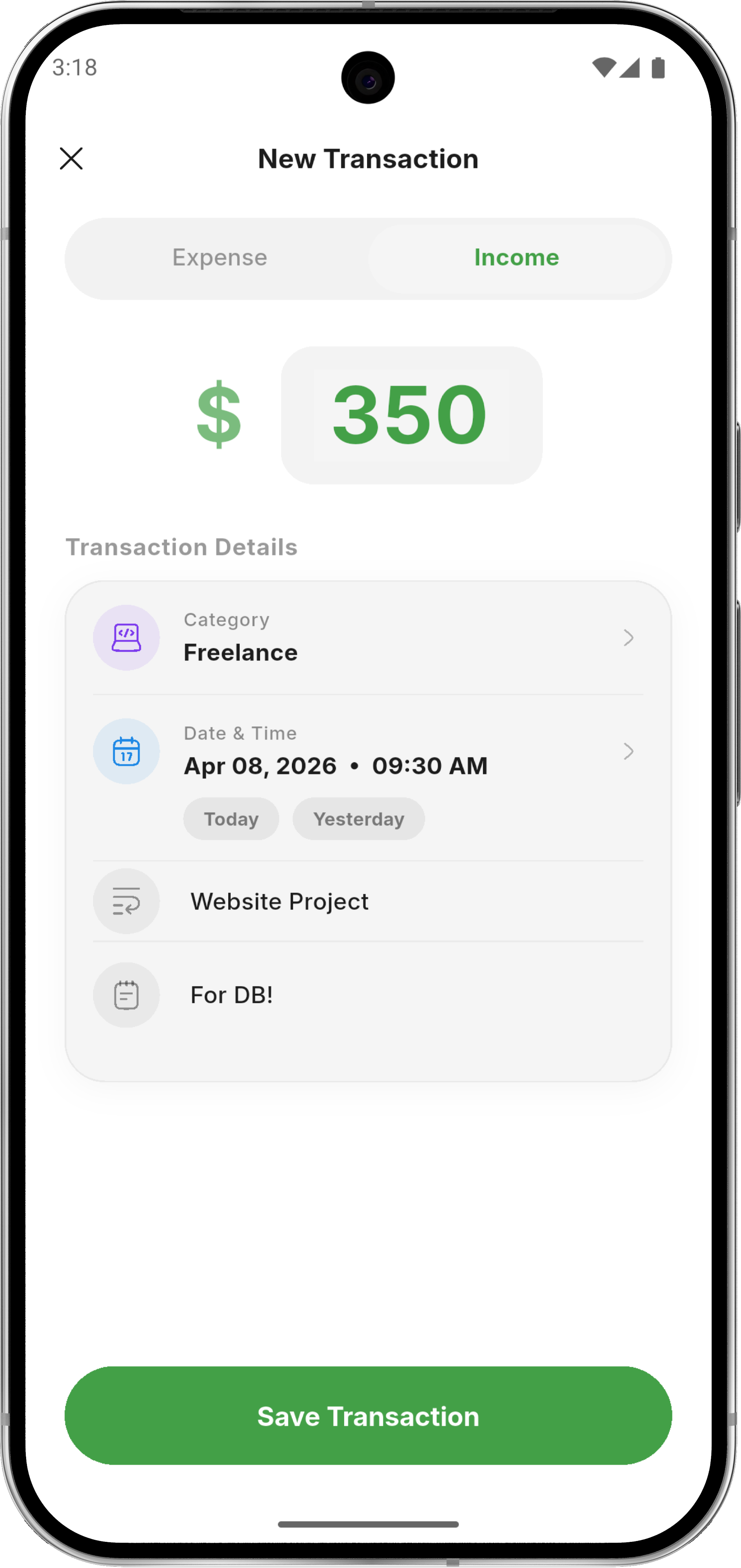 Add transaction screen