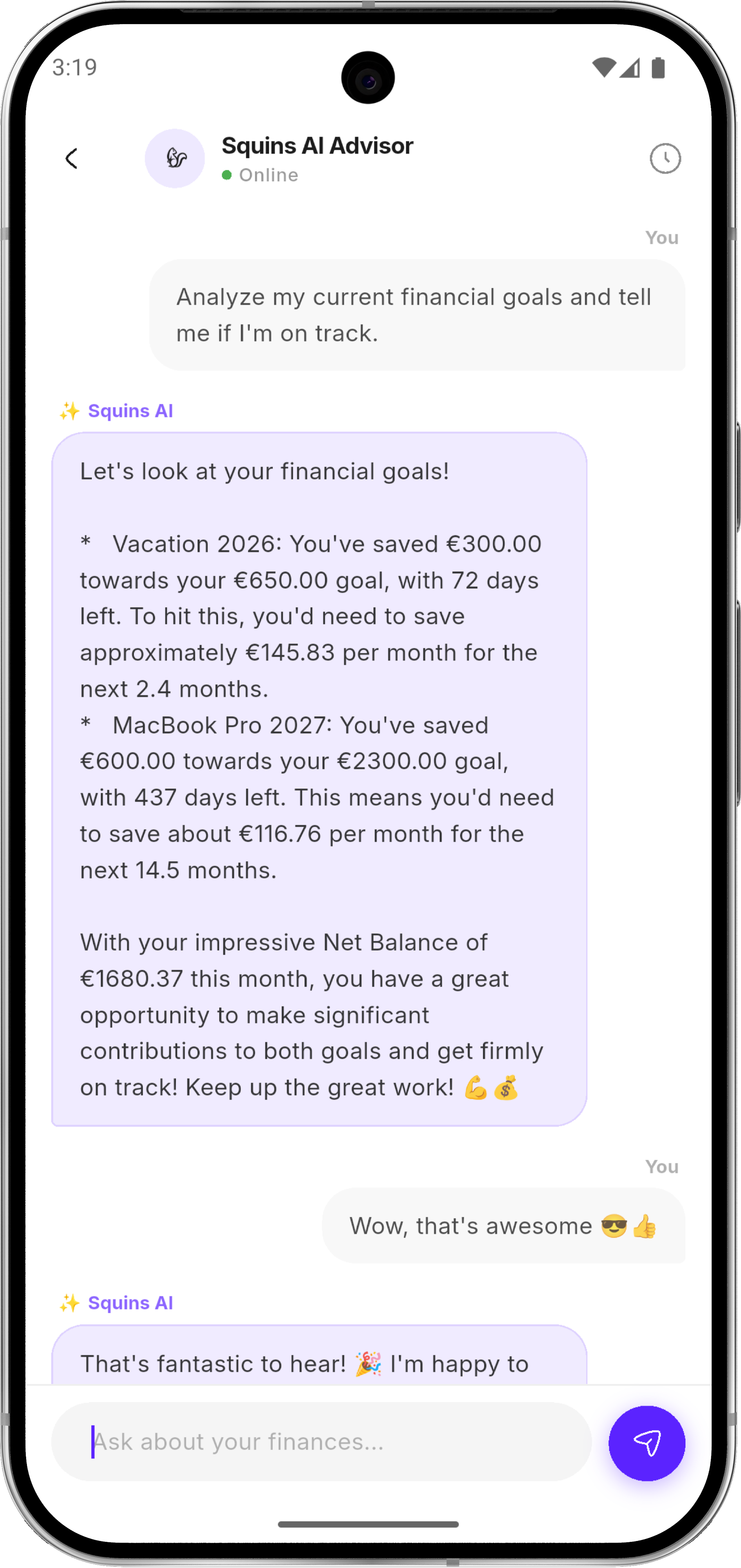 AI Advisor chat screen