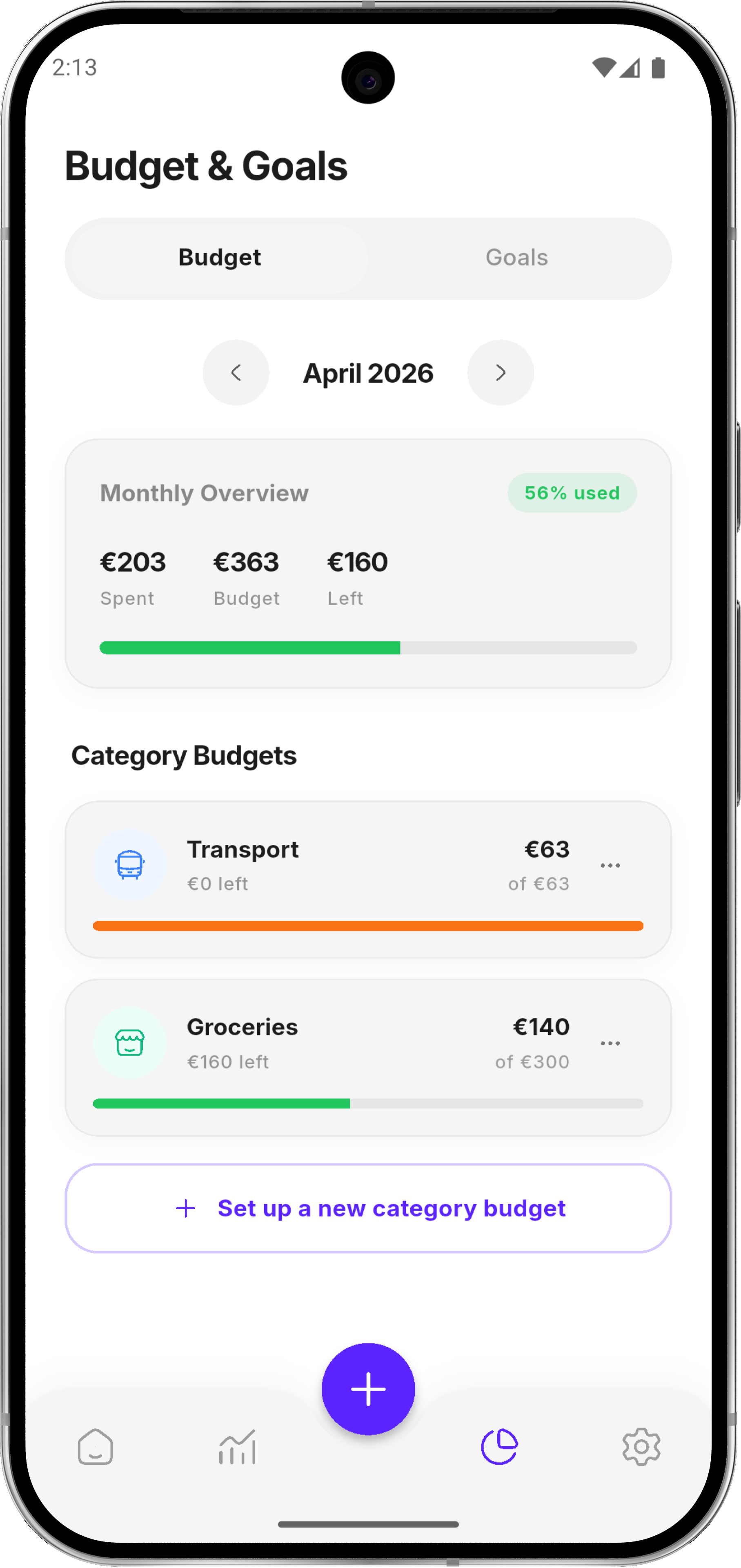 Budget and goals screen