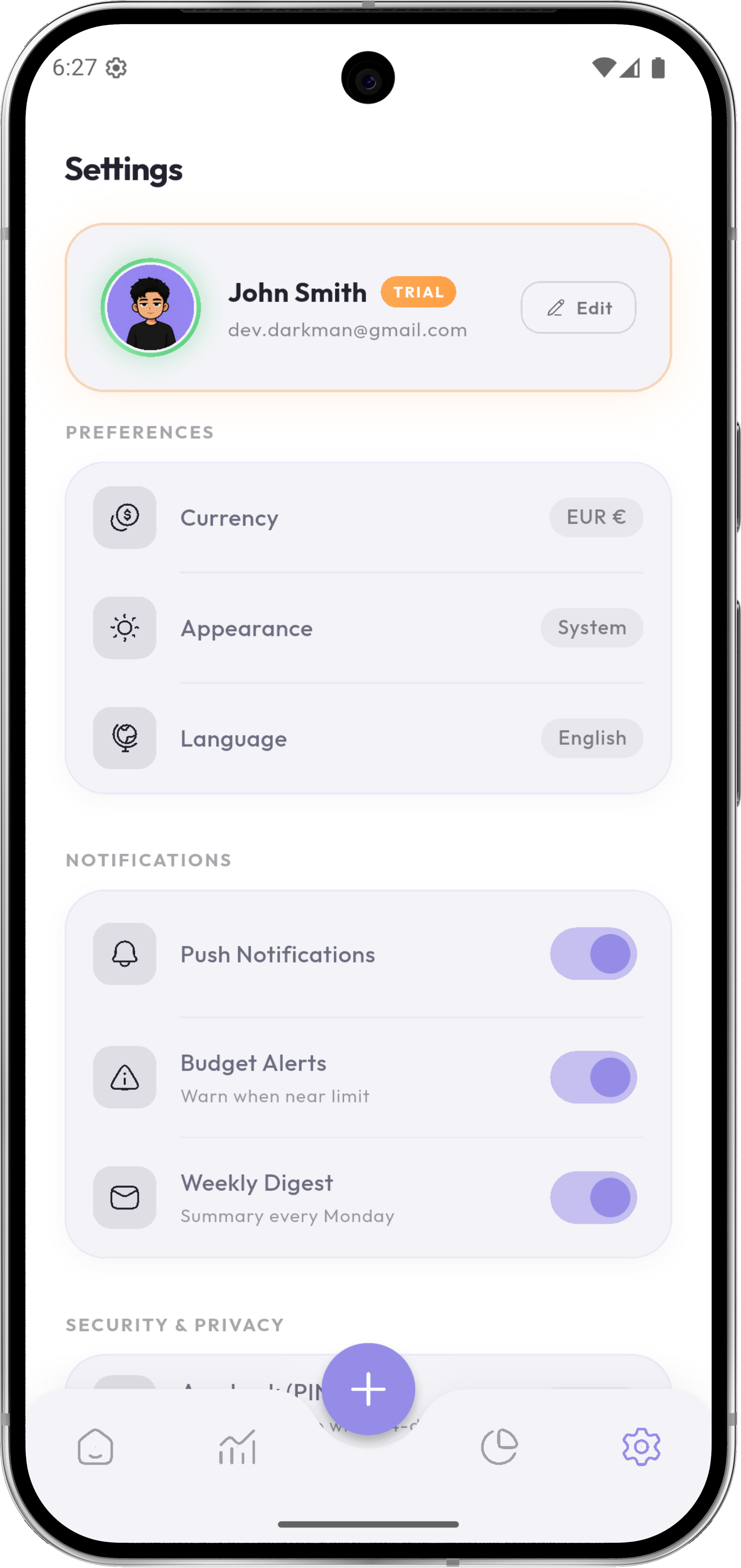 Settings screen