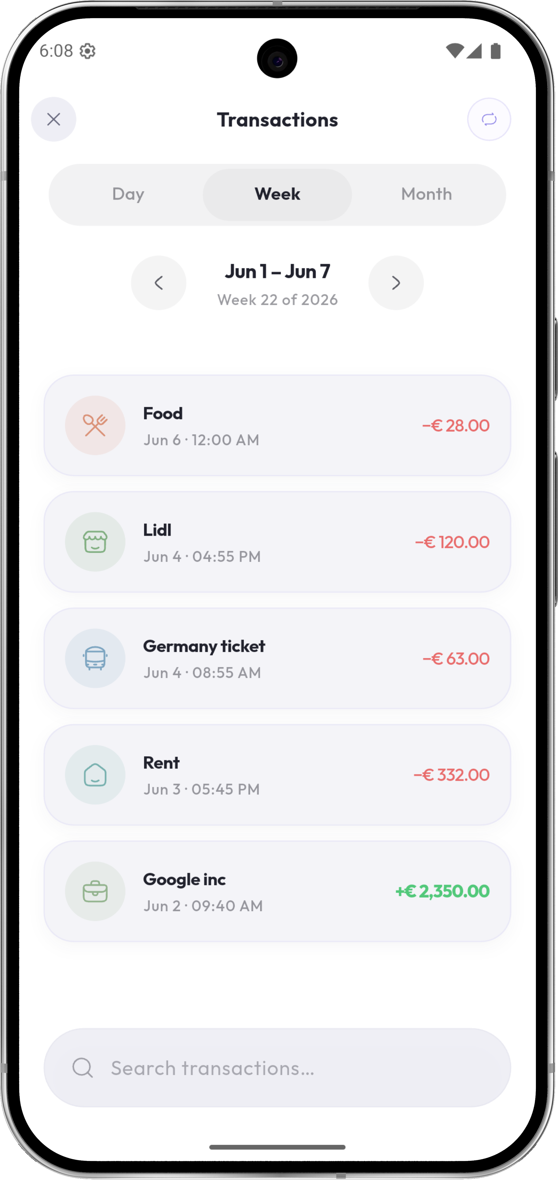 All transactions screen